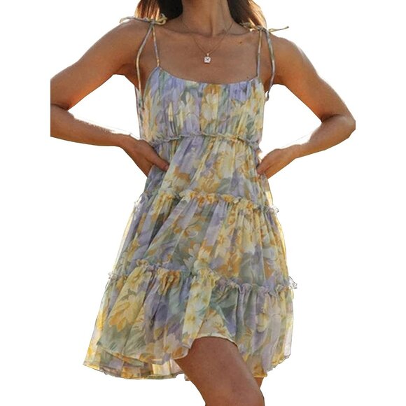 Women's Boho Mini Dress Polyester Spaghetti Strap Ruffle Square Neck - Picture 1 of 6